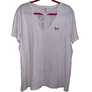 Pink Victoria's Secret large white short sleeve campus scrappy T-shirt w sequin